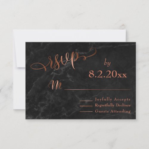 Elegant Copper Script w Black Marble Wedding RSVP