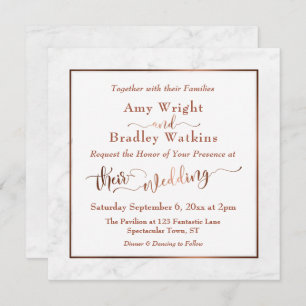 Elegant Copper Script w/ White Marble Wedding Invitation