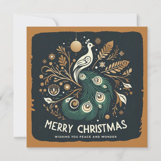 Elegant Copper Stylized Peacock Merry Christmas  Holiday Card (Front)