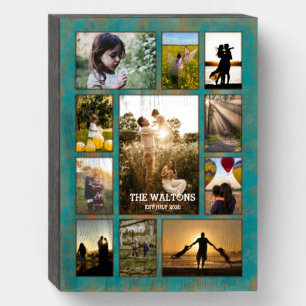 Elegant Copper Teal Frame 11 Photo Collage Wooden Box Sign