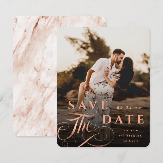 Elegant Copper Typography with Marble Back Photo Save The Date (Front/Back)