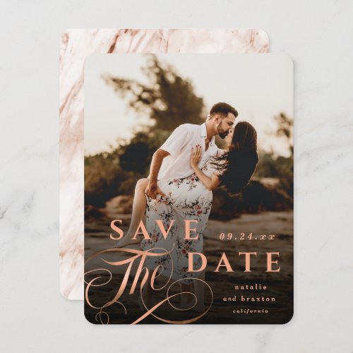 Elegant Copper Typography with Marble Back Photo Save The Date