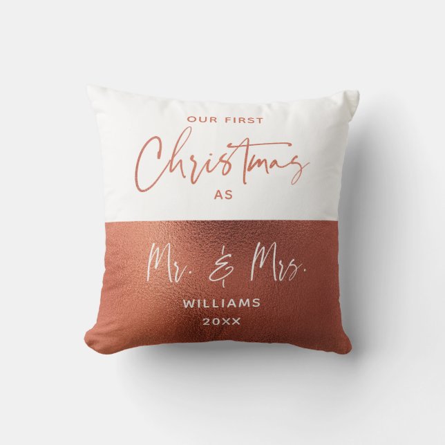 Elegant Copper & White 1st Christmas Mr Mrs Photo Throw Pillow (Front)