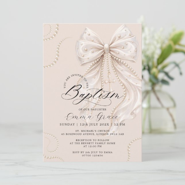Elegant Coquette Bow and Pearl Baptism Invitation (Standing Front)