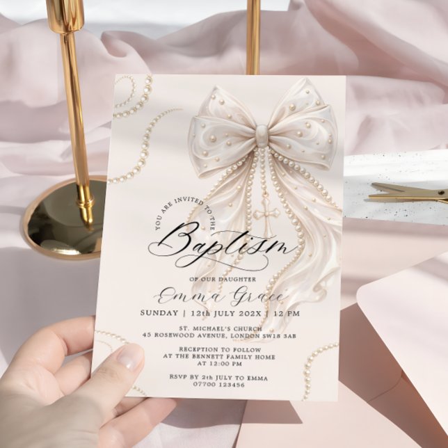 Elegant Coquette Bow and Pearl Baptism Invitation (Creator Uploaded)