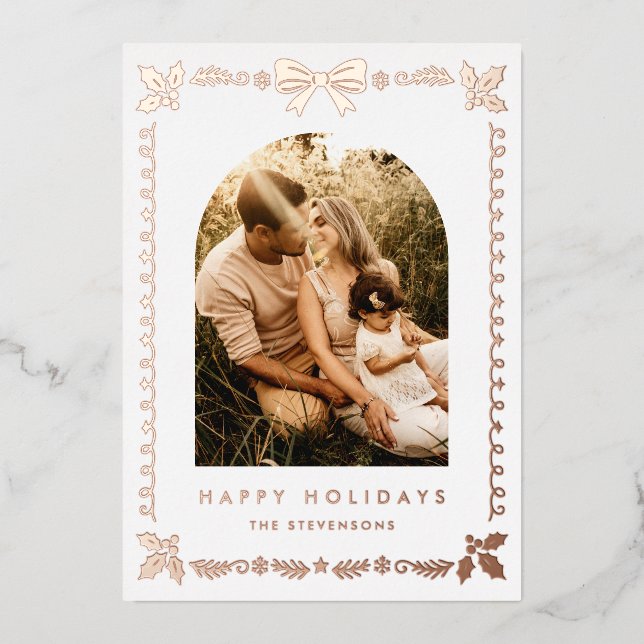 Elegant Coquette Bow Frame Happy Holidays Foil Holiday Card (Front)