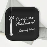 Elegant Coquette Bow Grad Tassel Black Graduation Paper Plates<br><div class="desc">Serve in style with these Class of 2026 graduation paper plates featuring a chic black and white coquette-inspired design. A delicate hand-drawn tassel and bow detail pair with modern calligraphy-style lettering to create an effortlessly elegant look. Designed with a bold black background and crisp white text, these plates make a...</div>