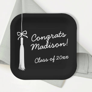 Elegant Coquette Bow Grad Tassel Black Graduation Paper Plates