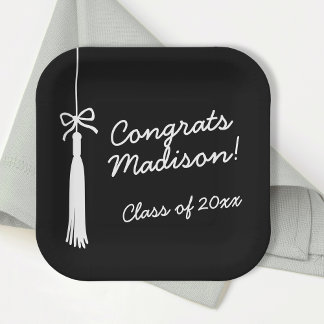 Elegant Coquette Bow Grad Tassel Black Graduation Paper Plates