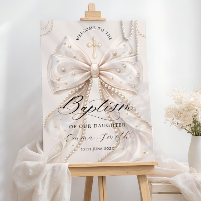 Elegant Coquette Bow with Pearl Baptism Welcome Foam Board (Creator Uploaded)