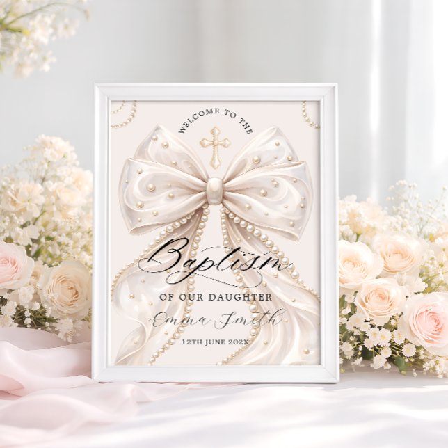 Elegant Coquette Bow with Pearl Baptism Welcome Poster (Creator Uploaded)