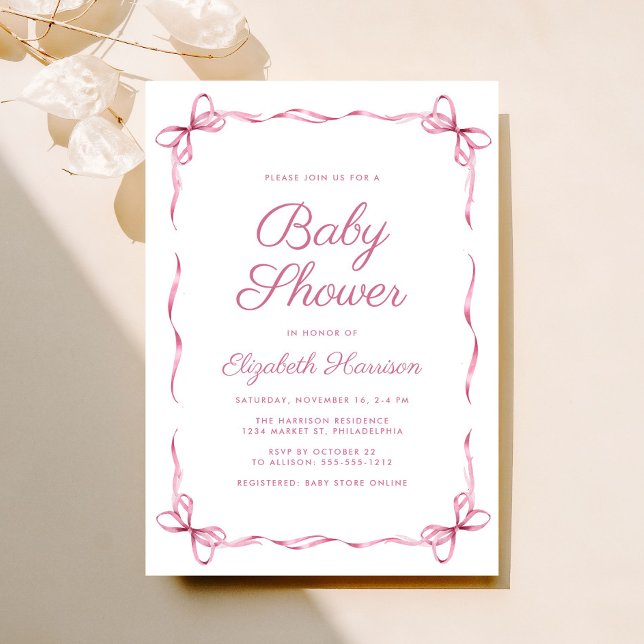 Elegant Coquette Bows Pink Baby Girl Shower Invitation (Celebrate the upcoming arrival of your baby girl with a vintage-inspired coquette bows baby shower)