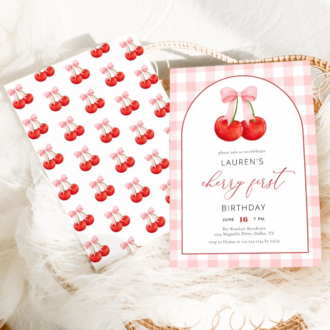 Elegant Coquette Cherry First 1st Birthday Invitation (Creator Uploaded)