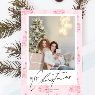 Elegant Coquette Christmas tree pink bow 1 photo Holiday Card