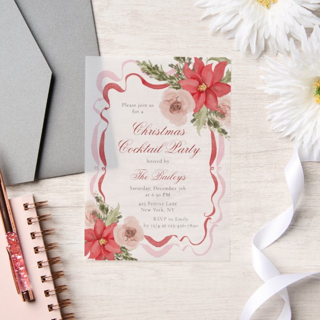 Elegant Coquette Floral Christmas Cocktail Party Vellum Invitations (Wedding)