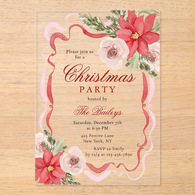 Elegant Coquette Floral Christmas Party Acrylic Invitations (Front)