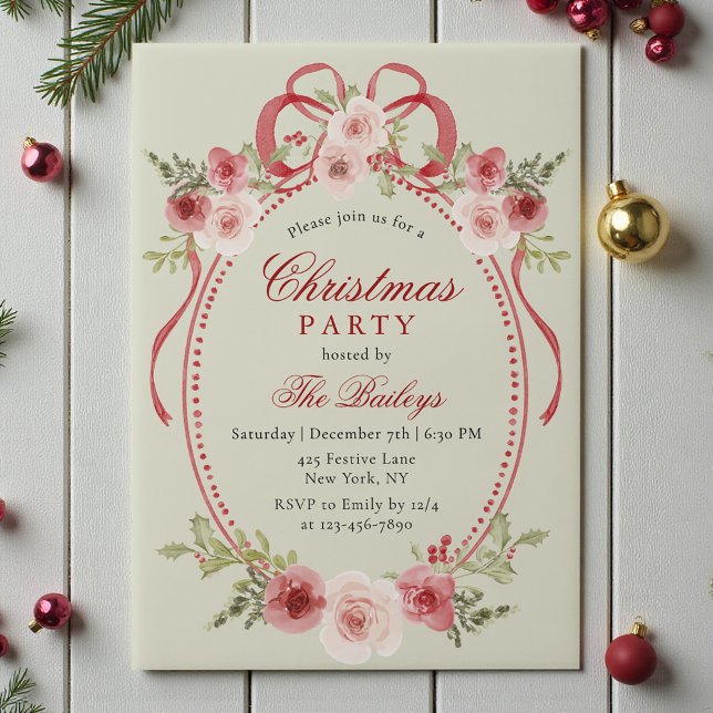Elegant Coquette Floral Christmas Party Vellum Invitations (Creator Uploaded)
