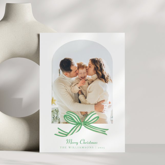 Elegant Coquette Green Bow Arch 2 Photo Christmas  Holiday Card (Creator Uploaded)