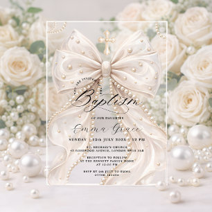 Elegant Coquette Pearl Bow Baptism Acrylic Invitations