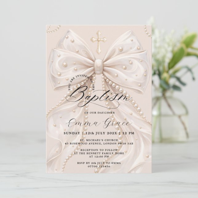 Elegant Coquette Pearl Bow Baptism Invitation (Standing Front)