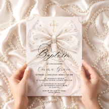 Elegant Coquette Pearl Bow Baptism Invitation