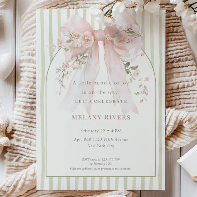 Elegant Coquette Pink Blush Roses Bow Baby Shower Invitation | Zazzle