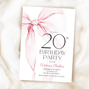 Elegant Coquette Pink Bow 20th Birthday Invitation