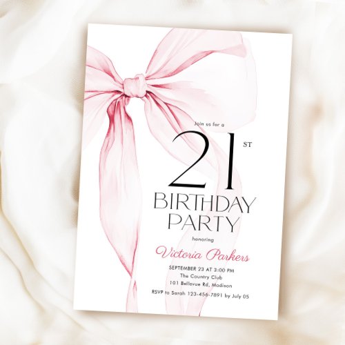 Elegant Coquette Pink Bow 21st Birthday Invitation
