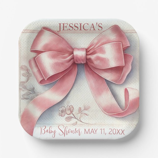 Elegant Coquette Pink Bow Baby Shower Girl Paper Plates (Front)