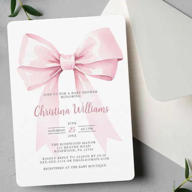 Elegant Coquette Pink Bow Girl Baby Shower Invitation | Zazzle