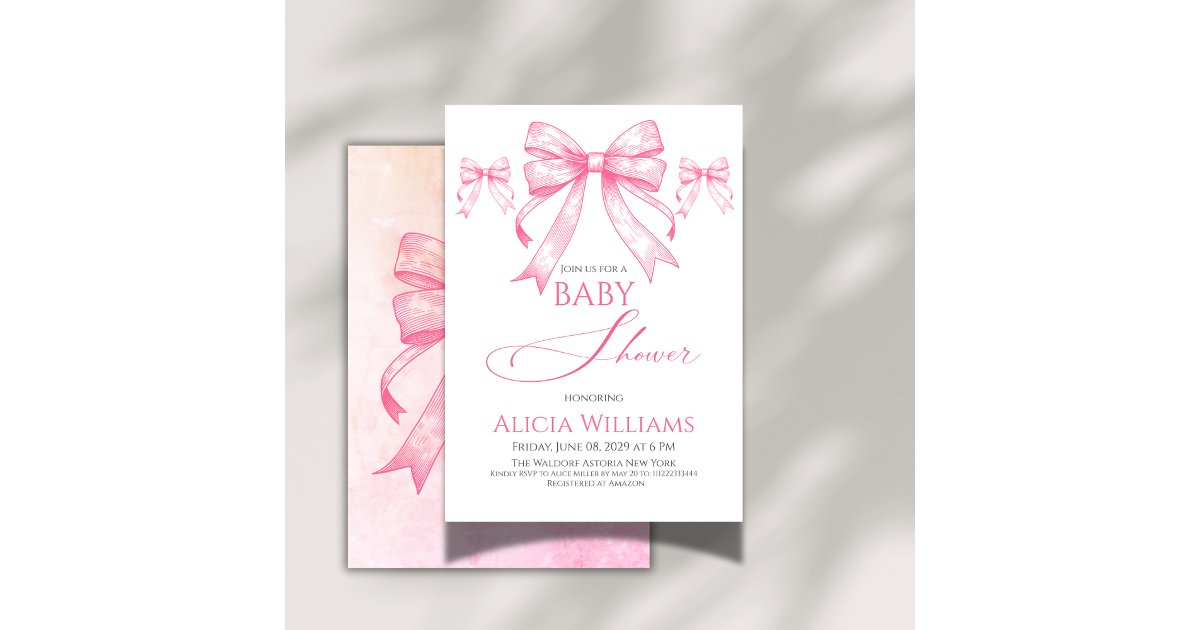Elegant Coquette Pink Bow Retro Girl Baby Shower Invitation | Zazzle