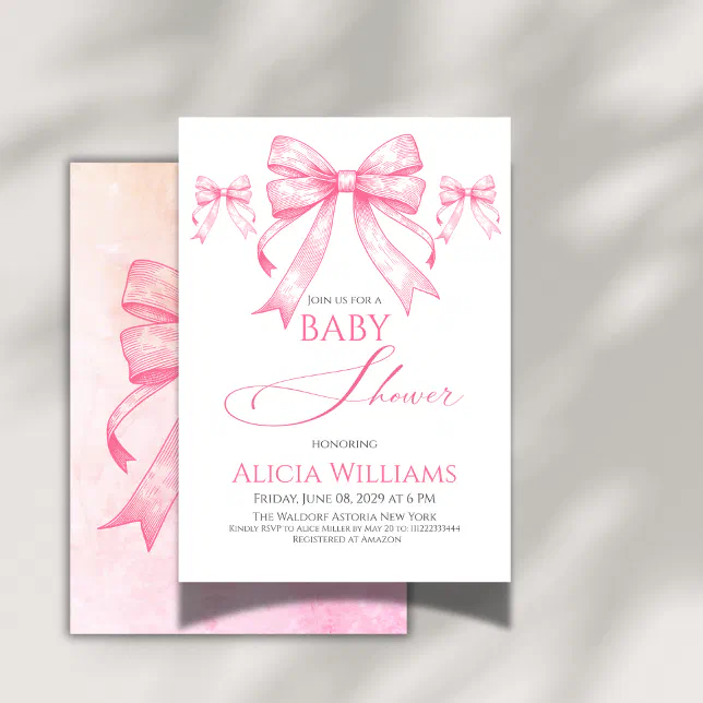 Elegant Coquette Pink Bow Retro Girl Baby Shower Invitation | Zazzle