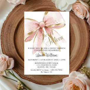 Elegant Coquette Pink & Gold Bow Sweet Sixteen Invitation