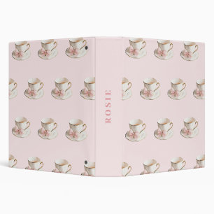 Elegant Coquette Preppy Pink Teacup with Bow 3 Ring Binder