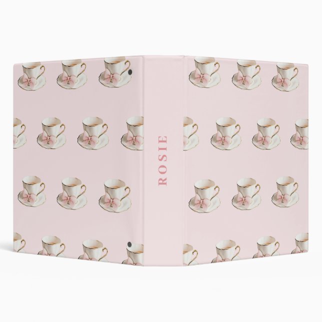 Elegant Coquette Preppy Pink Teacup with Bow 3 Ring Binder (Background)