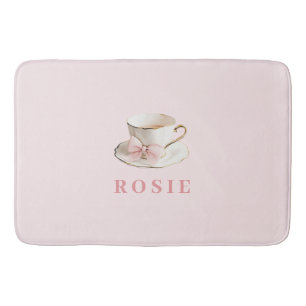 Elegant Coquette Preppy Pink Teacup with Bow Bath Mat