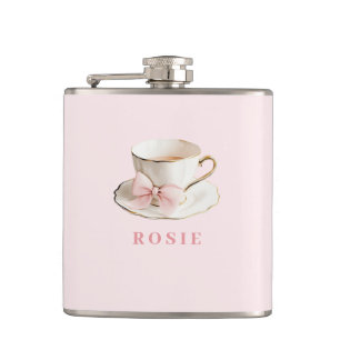 Elegant Coquette Preppy Pink Teacup with Bow Flask