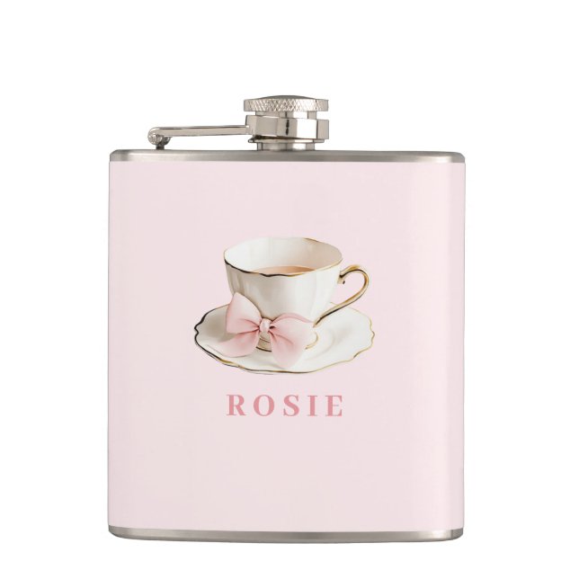 Elegant Coquette Preppy Pink Teacup with Bow Flask (Front)