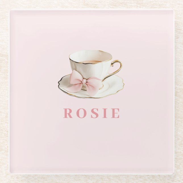 Elegant Coquette Preppy Pink Teacup with Bow Glass Coaster (Front)