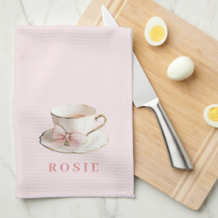 Elegant Coquette Preppy Pink Teacup with Bow Kitchen Towel