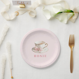 Elegant Coquette Preppy Pink Teacup with Bow Paper Plates