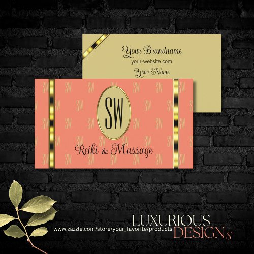 Elegant Coral and Beige with Monogram Patterned Business Card