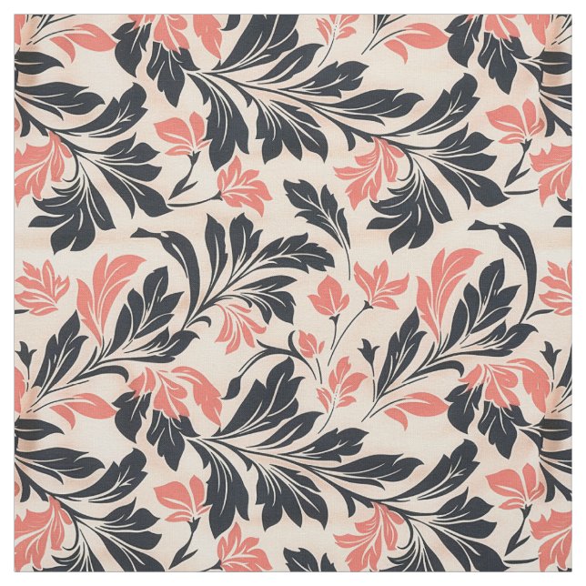 Elegant Coral and Black Leaf Pattern Fabric (Swatch)
