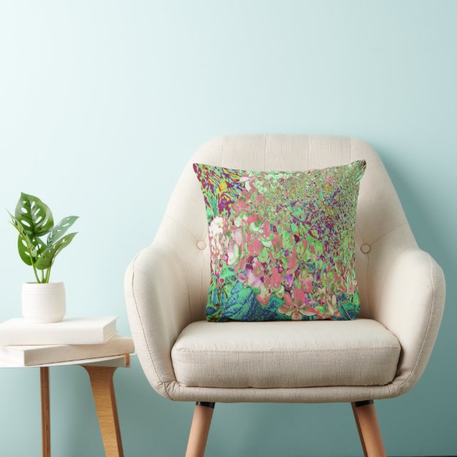 Elegant Coral and Chartreuse Limelight Hydrangea Throw Pillow (Chair)