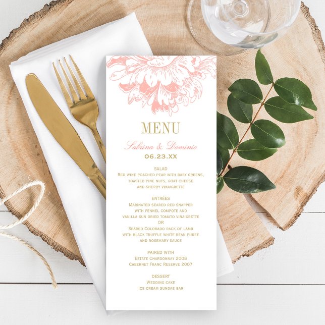 Elegant Coral and Gold Floral Peony Wedding Menu (Creator Uploaded)