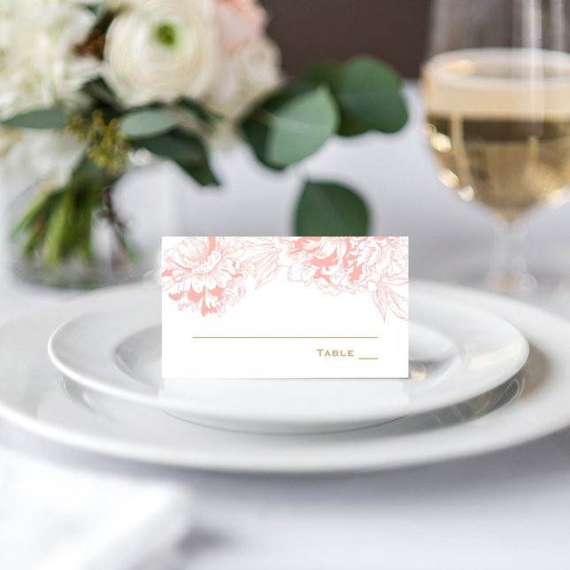 Elegant Coral and Gold Floral Peony Wedding Place Card (Creator Uploaded)