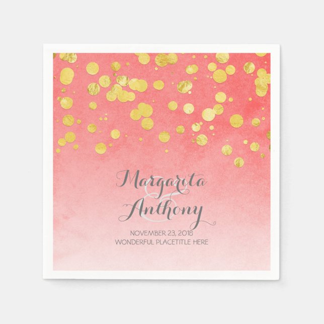 Elegant Coral and Gold Wedding Paper Napkins (Front)
