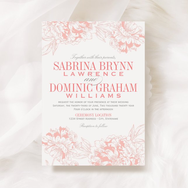 Elegant Coral and Gray Floral Peony Wedding Invitation (Creator Uploaded)