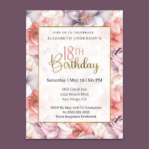 Elegant Coral and Lavender Peony 18th Birthday Invitation