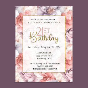 Elegant Coral and Lavender Peony 21st Birthday Invitation